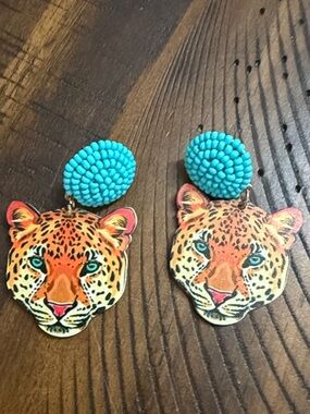 Turquoise Beaded Leopard Face Drop Earrings